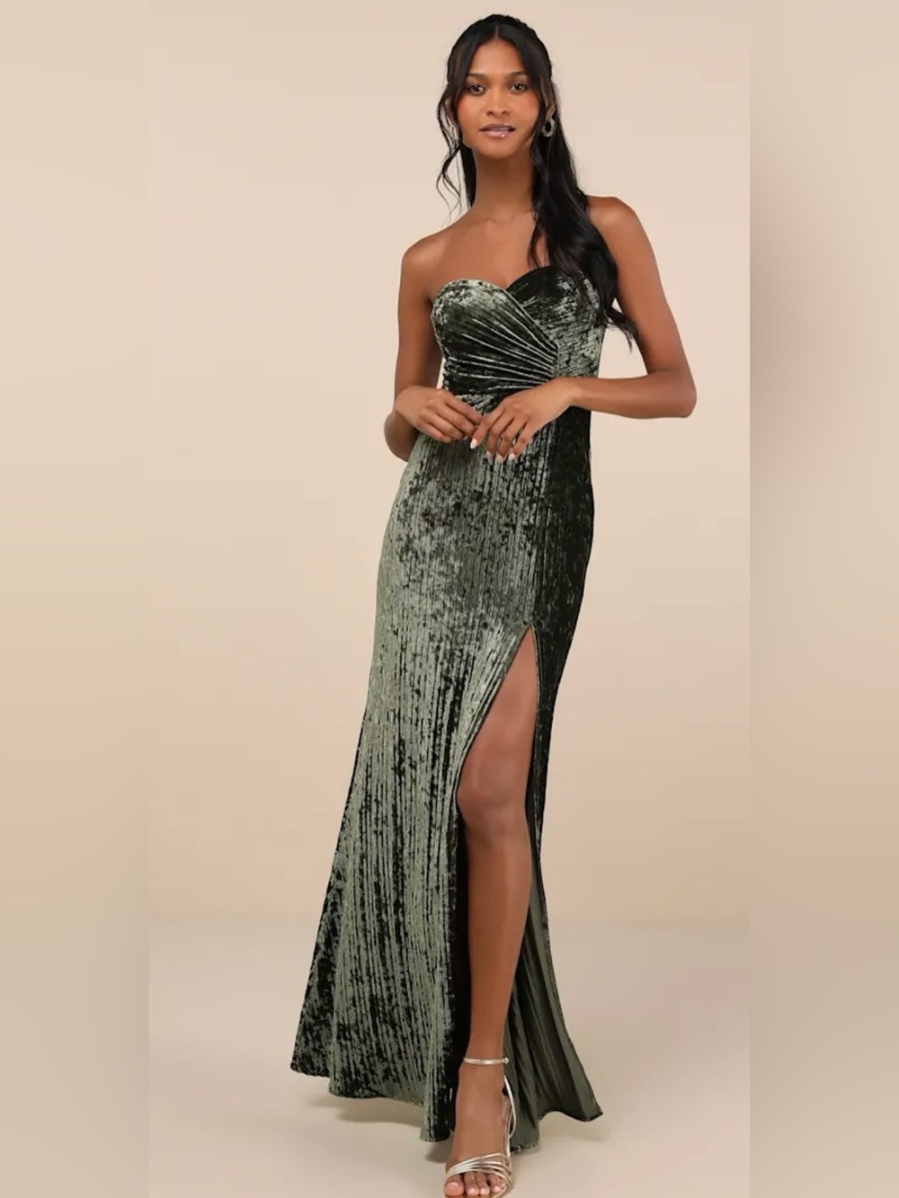 Lulu's Olive Velvet Strapless Ruched Gown with High Slit